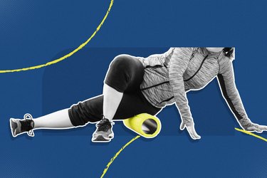 woman foam rolling it band on blue background