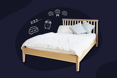 An empty bed on a dark blue background, with illustrations that represent not getting enough sleep